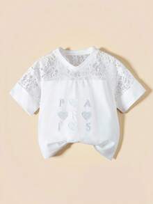 SHEIN Explorewe Maglietta estiva casual da ragazza con patch in pizzo, cuori ricamati e lettere - Bianco - Visualizzare 1