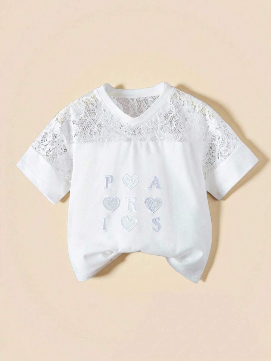 SHEIN Explorewe Maglietta estiva casual da ragazza con patch in pizzo, cuori ricamati e lettere - Bianco - Visualizzare 1