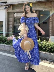 DAZY Women's Off-Shoulder Korean Style Ruffle Hem Dress, Vacation Wear - Purple - View 9