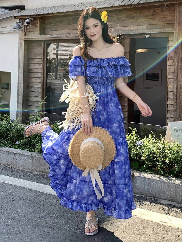 Women's Off-Shoulder Korean Style Ruffle Hem Dress, Vacation Wear Sundress Boho