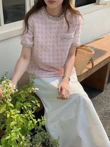 DAZY 女士优雅千鸟格纹理短袖T恤，夏季 - 粉色 - 查看 3