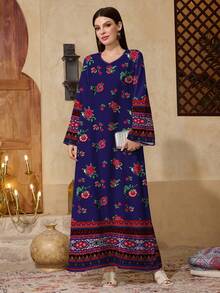 Al Najma Women's Round Neck Floral Print Casual Modest Party & Outing Arabic Style Dress - Multicolor - View 3