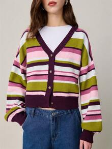 Nöista Cropped Button-Up Cardigan With Wide Horizontal Stripes. And Versatile For Spring, Spring Styling And Summer Casual Looks. - Red - View 3