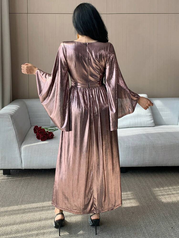 Women's Elegant Solid Color V-Neck Ruffle Sleeve Belted Long Dress, Spring/Summer Sun Dresses For Women