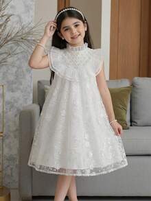 SHEIN 少女纯色网纱刺绣荷叶边下摆休闲连衣裙 - 白色 - 查看 4