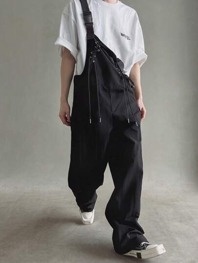 Manfinity Roghcode Pantalones con tirantes para hombres, peto de pierna ancha con correas cruzadas en negro, regalo para mi novio para el Día de San Valentín, primavera a verano, Mardi Gras, vintage, ropa de calle, fiesta, Día de San Patricio, salir