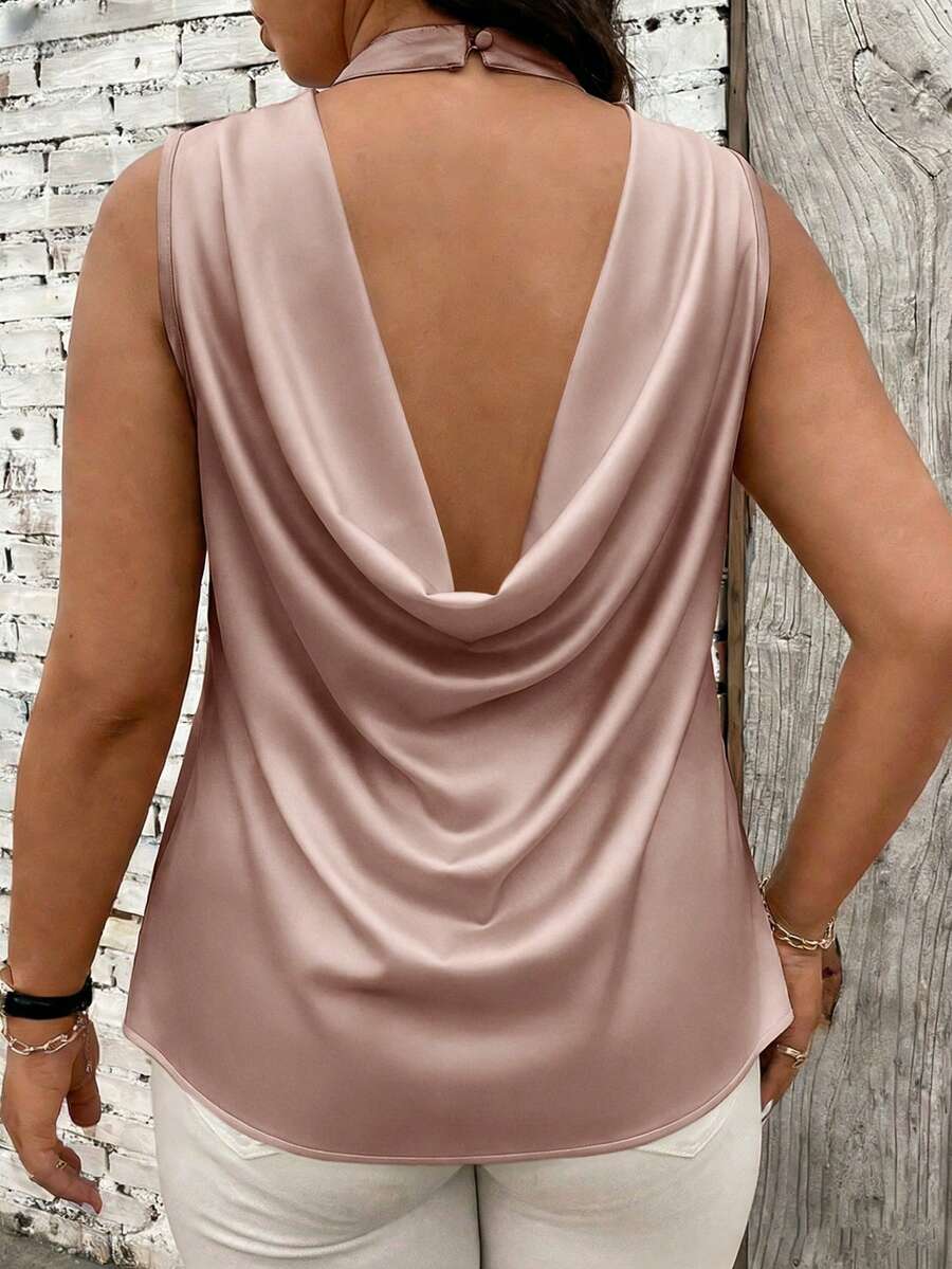 EMERY ROSE Satin Sleeveless Turtleneck Top With Draped Open Back Design - Coffee Brown - View 1