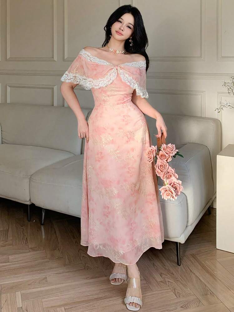 Elegant Romantic Off Shoulder Ditsy Floral Dress, High-End Feel Summer Sundress