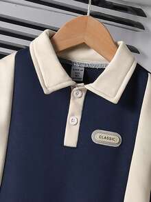 SHEIN Genkimix Kids 男童休闲Polo衫套装（两件套），上衣采用撞色拼接设计，饰有织唛，裤子采用撞色锥形裤腿设计，面料舒适，适合夏秋穿着。 - 藏藍色 - 查看 6