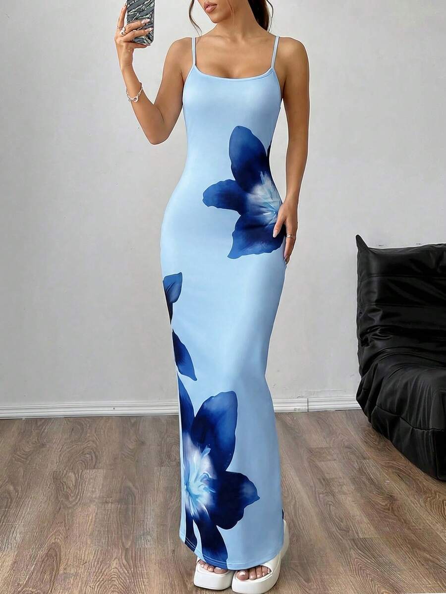 SHEIN EZwear 女士优雅蓝色碎花连衣裙，适合夏季度假，女士夏季连衣裙 - 彩色 - 查看 1