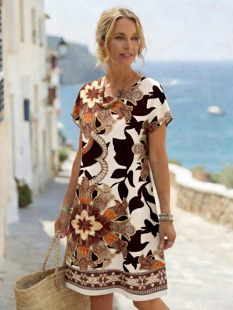 EMERY ROSE Women's Short Sleeve Mid-Length Geometric Print Dress, Spring/Summer Spring - Multicolor - View 1