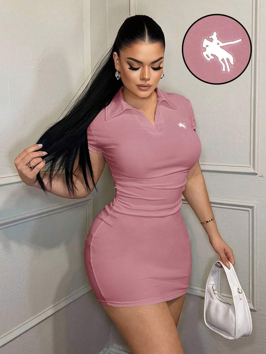 SHEIN SXY 翻领简约休闲商务刺绣连衣裙 - 粉色 - 查看 1