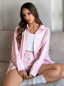 SHEIN Conjunto de pijama de top y shorts a rayas para mujer - Rosa - Ver 1