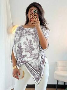 Rafferiza 女士优雅风景素描印花圆领不对称下摆蝙蝠袖时尚上衣 - 淺灰紫 - 查看 4