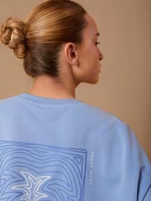 SURIMA Casual Minimalist Printed Pattern Hooded Long Sleeve Loose Fit Women Sweatshirt - Dusty Blue - View 4