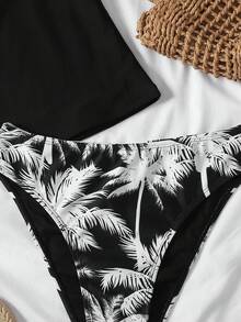 SHEIN 少女黑色撞色棕榈树印花比基尼套装，短袖上衣和泳裤，适合度假、海滩和游泳。 - 黑與白 - 查看 7
