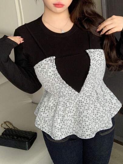 Dazy Plus Contrast Color Patchwork 2 In 1 Cinched Waist Long Sleeve Versatile Cropped Plus Size Women T-Shirt, Spring/Summer