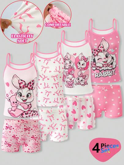 SHEIN Girls' Minimalist Cute Rabbit & Heart Series Wireless Camisole With Comfortable Briefs 4-Piece Underwear Set, Suitable For Valentine's Day Girls Cute Set Pjamas Set Summer For Girl Kid