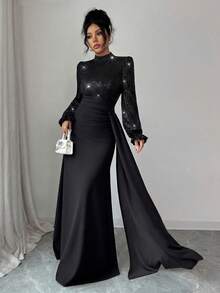 SHEIN Elenzya 女士优雅亮片装饰长袖收腰连衣裙，适合宴会、派对、婚礼宾客、新年、圣诞节等场合。 - 黑色 - 查看 7