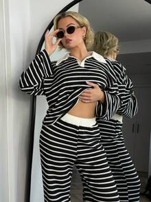 Bethéva 女式两件套宽松条纹 V 领落肩长袖 T 恤和松紧腰条纹裤，冬季毛衣套装，秋冬 - 黑色 - 查看 4