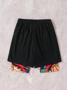 SHEIN 青少年男童简约图案抽绳短裤，适合上学；春季穿着；青少年男童服装；儿童外套，春季返校季 - 黑色 - 查看 2