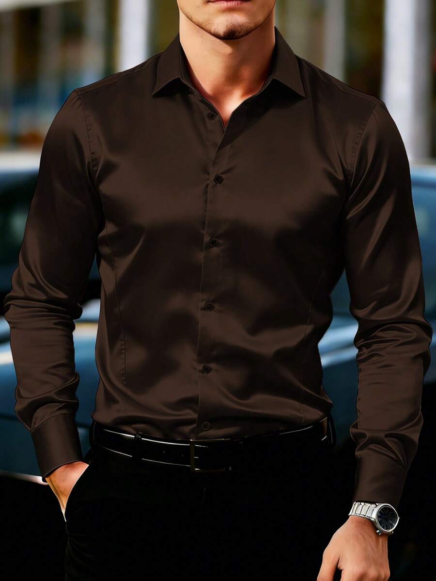 Manfinity Mode Áo sơ mi nam dài tay thiết kế họa tiết, áo sơ mi công sở màu nâu, áo sơ mi satin nam, áo sơ mi màu nâu đậm, áo sơ mi nam phong cách cổ điển, thích hợp cho mặc hàng ngày, đi chơi cuối tuần, hoạt động ngoài trời, du lịch, môi trường làm việc thoải mái hoặc các dịp bán trang trọng, quà tặng cho bạn trai/chồng, quà kỷ niệm/sinh nhật, tiệc tùng, kỳ nghỉ hè, trang phục đi biển, đám cưới kiểu Hawaii, mùa xuân đến hè. - màu nâu - Xem 1