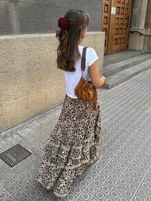 Serisse 女士豹纹弹力腰撞色蕾丝半身裙，时尚度假之选 - 彩色 - 查看 3