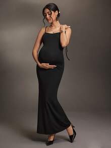 Cheriluna Maternity Vestido de fotografía de maternidad con tirantes sin espalda, vestido fruncido sin espalda de unicolor - Negro - Ver 6