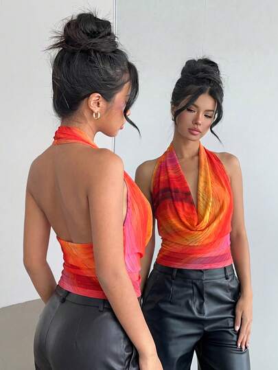 Aloruh 女士优雅扎染粉橙色性感深V领露背吊带背心