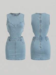 Sweetra 女士 Y2K 修身百搭镂空牛仔紧身连衣裙 - 淺色水洗藍 - 查看 5