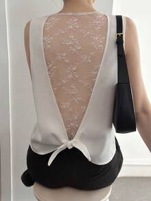 Livesso Women's White Floral Summer Elegant Tea Party Sleeveless Blouse, Spring & Summer Office Wear Hollow Lace Mesh Patchwork Backless Cinched Waist Top - White - View 8