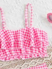SHEIN Girls (Small) Plaid Minimalist Daily Swimsuit Set - Pink - View 4