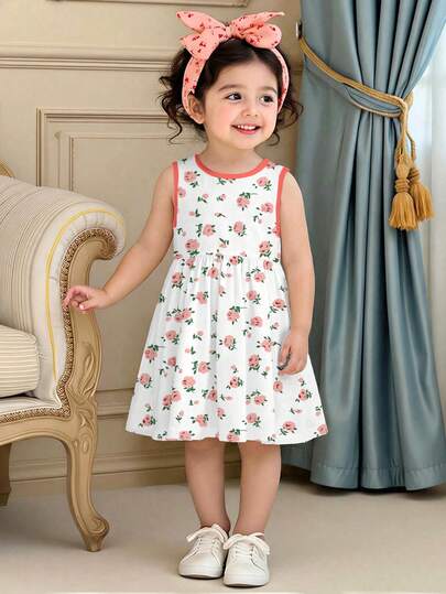 Young Girl Sleeveless Midi Dress, Casual Minimalist Design, Cute Floral Pattern, Comfortable & Versatile, Suitable For Daily Wear, Birthday Party, Evening Gala, Performance, Wedding, Indoor/Outdoor, Spring/Summer