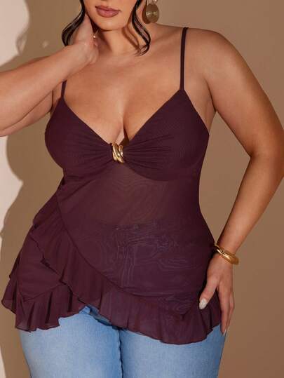 SHEIN BAE Plus-Size Women's Burgundy And Brown Ruffled Mesh Bodycon Camisole, Y2K Mesh Top, Sexy Top, Metallic Embellishment Top., Coffee Brown,.Summer,Summer Holiday Outfits,Spring Break Outfits ,Valentine Outfits For Women,Valentine's Day Outfit,Carniva,Carnival Women Look 2026,Plus Size,Curve,Elegant Outfits For Party,Beach Outfit For Women,Wedding Guest Party Top,Going Out,Vacation Outfits Women,Birthday Top For Women,Formal Top For Women,Plus Size Top For Women,Tea Party Outfit Women,Club Outfits Women Plus,Airport Outfit For Women Travel,Vest