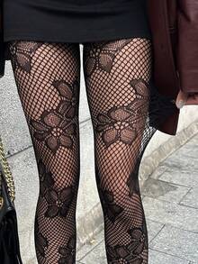 DAZY 女士提花渔网袜，性感镂空薄款黑色紧身裤，塑身打底裤 - 黑色 - 查看 5
