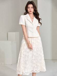 DAZY Women's Elegant Blazer Collar Pocket Puff Sleeve Jacket & Lace Skirt Suit Set, Summer - White - View 5
