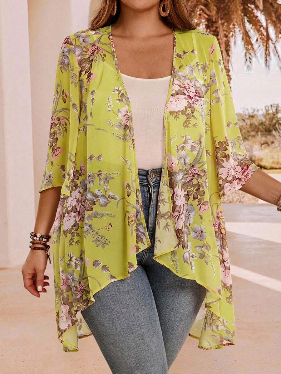EMERY ROSE Áo khoác mùa hè dáng rộng, thanh lịch, vạt áo bất đối xứng, mở phía trước, nhẹ nhàng, thích hợp cho nữ, phong cách đồng quê giản dị, đi nghỉ mát, đơn giản và thời trang cho mặc hàng ngày, trang phục mùa hè cho nữ, trang phục phương Tây cho nữ mùa thu/đông. - Màu vàng - Xem 1