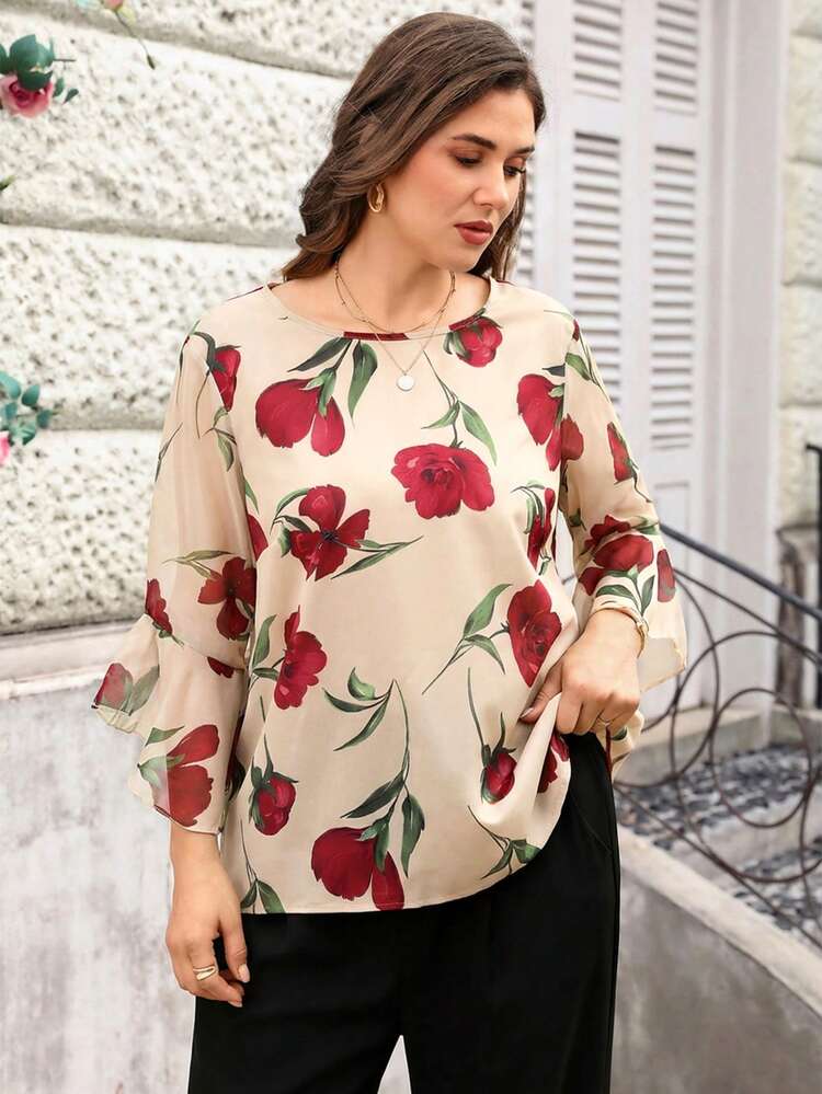 Plus Size Women Floral Print Ruffle Hem Casual Vacation Shirt, Autumn For Summer/Flower  Floral  Tops Summer Tops   Summer Outfits Summer Clothes Spring Dress Spring Outfit Women Spring Clothing Beach Vacation Outfits For Women Vacation Dress Bohemian Elegant Party Shirt