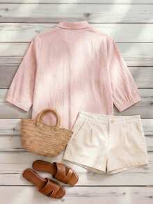 Louniche Camisa de manga corta de unicolor casual y versátil, adecuada para el hogar y el exterior, color rosa, primavera/verano - Rosa - Ver 2