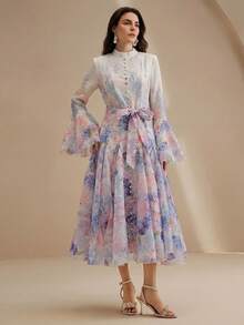 Anewsta Women's Elegant Floral Print Flare Sleeve Ruffle Hem Dress - Purple - View 3