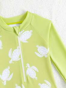 SHEIN Baby Boys Light Green Sea Turtle Rash Guard Swimsuit,Cute Cartoon Long Sleeve One-Piece Bathing Suit With Hat,2pcs Summer Vacation Holiday Beach Set - Multicolor - View 4