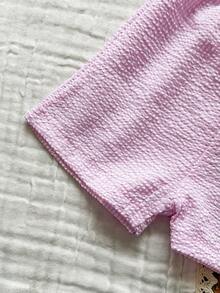 SHEIN Vintaside Kids 2件套女婴幼儿/新生儿0-3岁春夏休闲日常可爱度假条纹蝴蝶结装饰吊带背心+短裤套装 - 粉色 - 查看 8