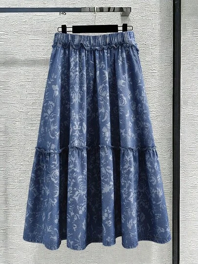 GlowEve CURVE Plus Size Denim Floral Print Women's Fashion A-Line Skirt, Spring/Summer