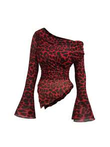 Elenzga Plus Size Women's Classy Leopard Print Long Sleeve Top,Off Shoulder Oblique Fitted T-Shirt,Black And Red Autumn Night Out Club Elastic Mesh Fabric - Multicolor - View 5