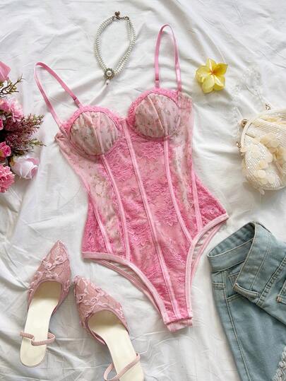 Soleia 豹纹蕾丝边紧身胸衣连体衣，性感露背细肩带修身连体衣，适合度假、约会、情人节、下午茶等场合