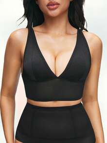 SHAPORA 1pc Women's Black Lace Bra, Semi-Sheer Deep V - Black - View 1