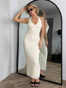 Bethéva 春夏新款浪漫 V 领纹理紧腰修身长裙，优雅约会之夜造型 - 杏色 - 查看 1