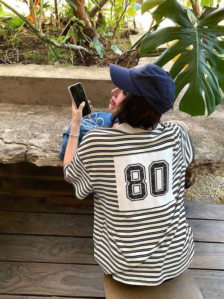 Women's Striped Drop Shoulder Polo Collar Casual Loose T-Shirt Graphic Tees Women Oversized