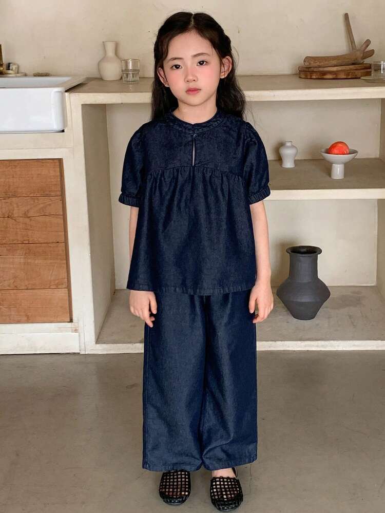 Young Girls Washed Vintage Casual Denim Shirt & Loose Denim Pants Set