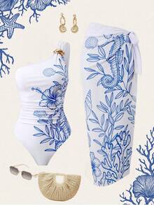 SHEIN Swim Oasis 2026新款女士两件套印花白色连体泳衣和网纱长裙沙滩度假优雅泳装套装 - 藍白色 - 查看 1